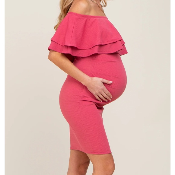 Fuchsia Off Shoulder Fitted Maternity Dress - Picture 3 of 9